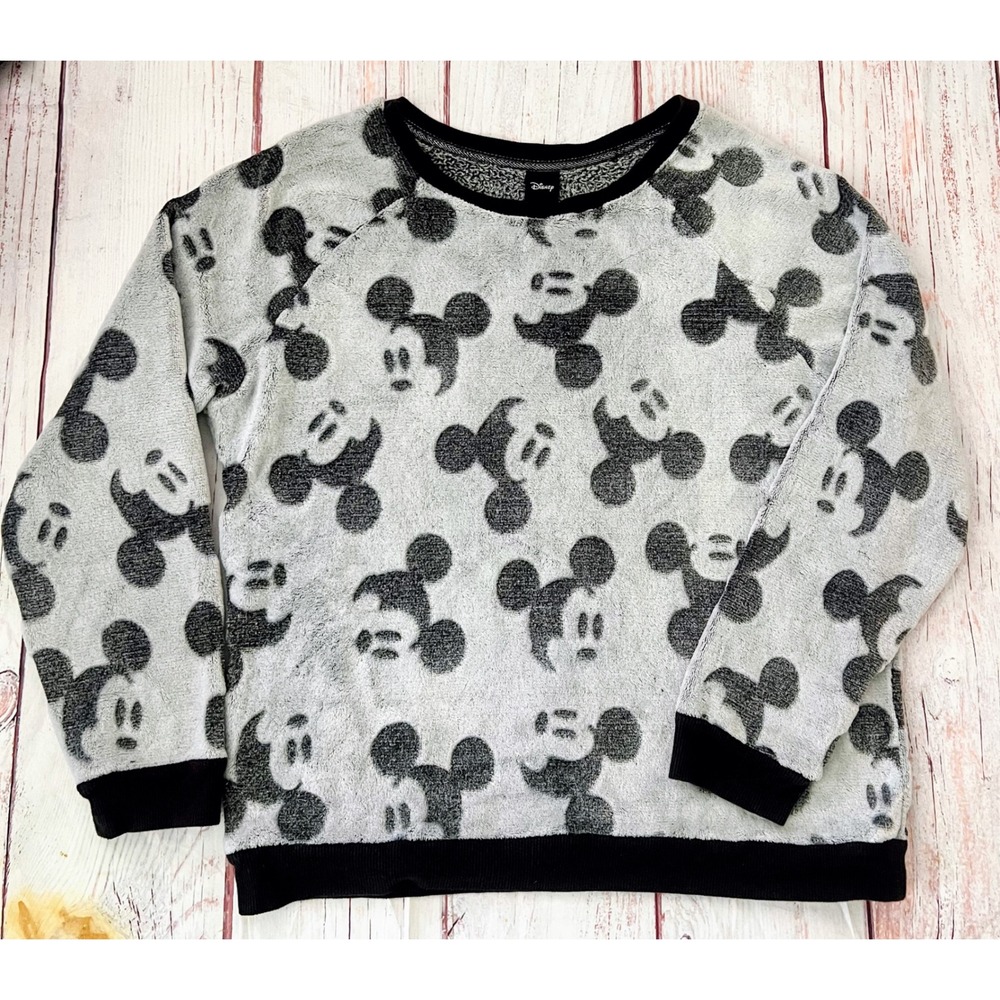 Disney Mickey Mouse Fluffy Fleece Sweatshirt Grey Black All Over Print Large